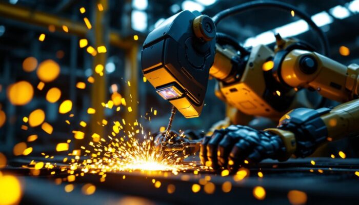 A photograph of capture a photograph of an industrial robotic welding machine in action