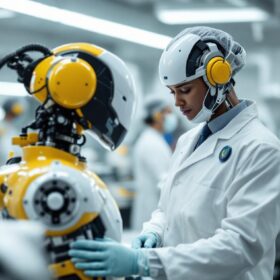 A photograph of a hospital setting featuring an industrial robot assisting medical staff with tasks