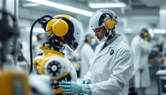 A photograph of a hospital setting featuring an industrial robot assisting medical staff with tasks