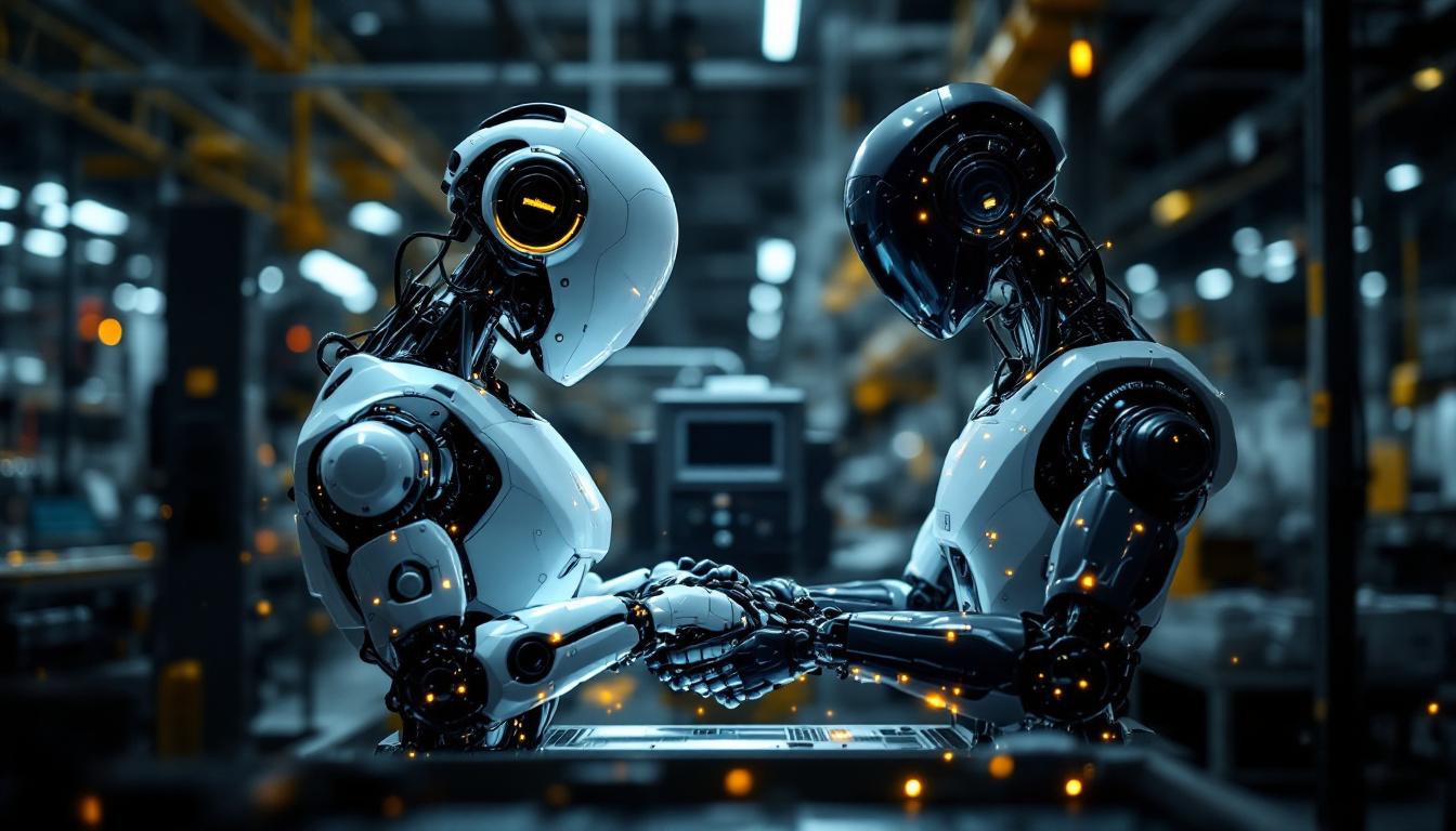 A photograph of a sleek industrial robot in action within a manufacturing environment