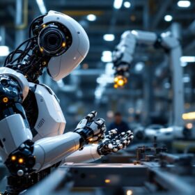 A photograph of a modern industrial robot in action within a manufacturing facility