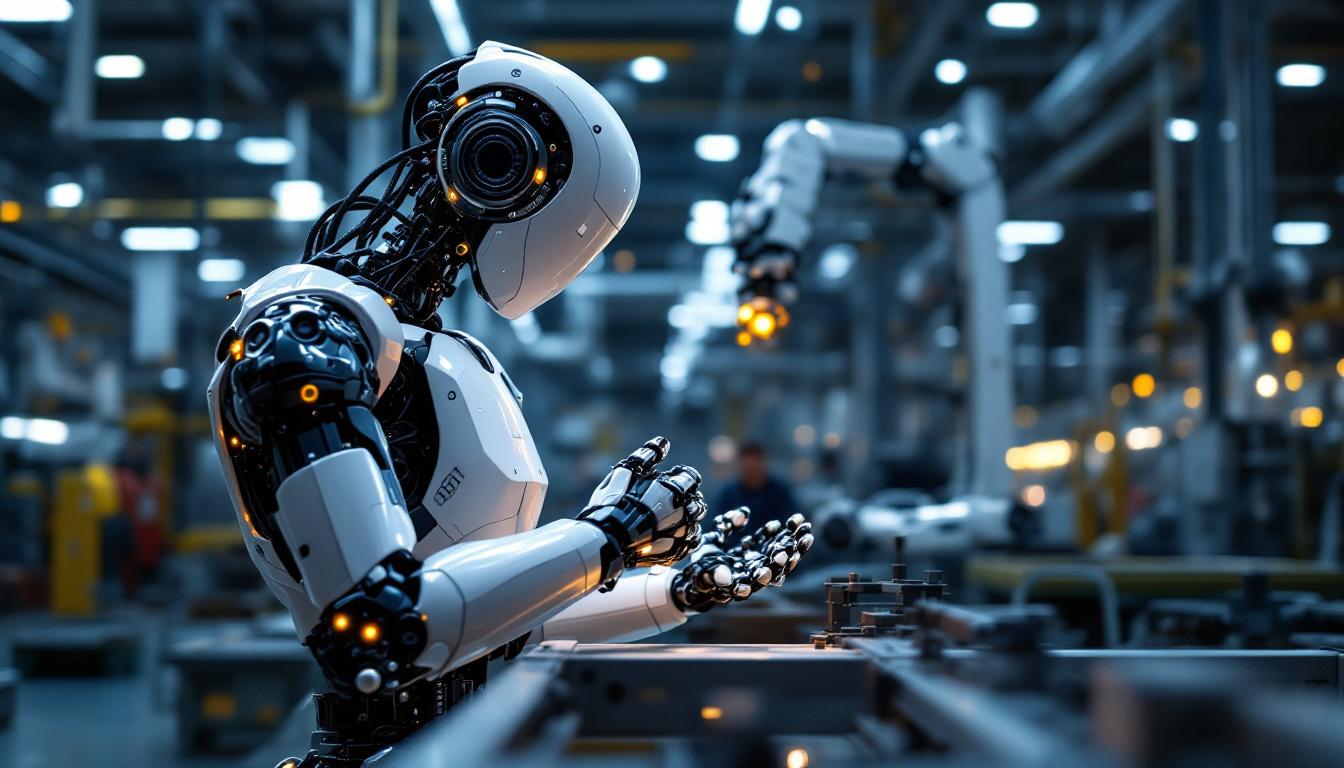 A photograph of a modern industrial robot in action within a manufacturing facility