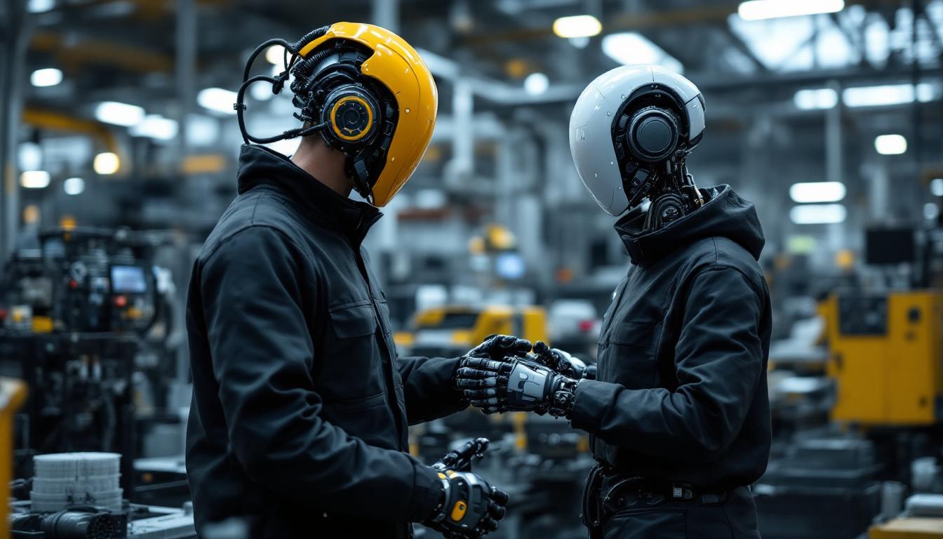 A photograph of a collaborative robot (cobot) working alongside a human in an industrial setting