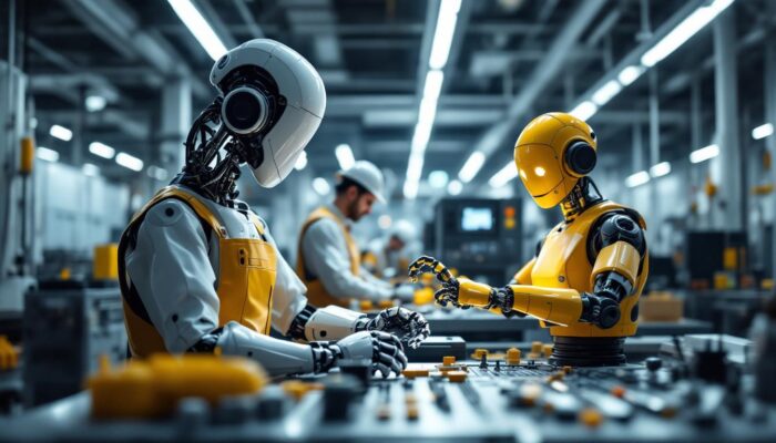 A photograph of a collaborative workspace where a robot and a cobot are actively working alongside human operators