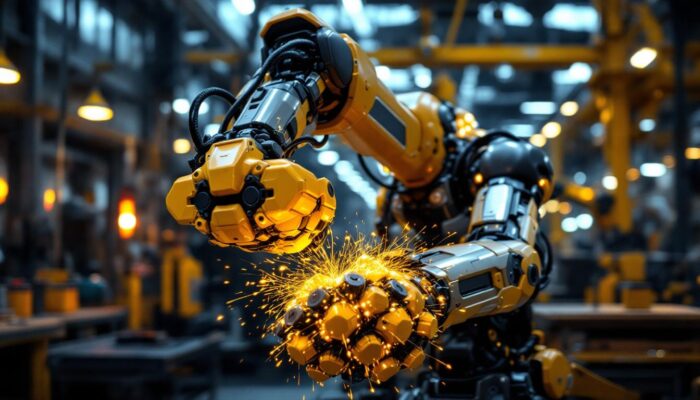 A photograph of a sleek industrial robot in action