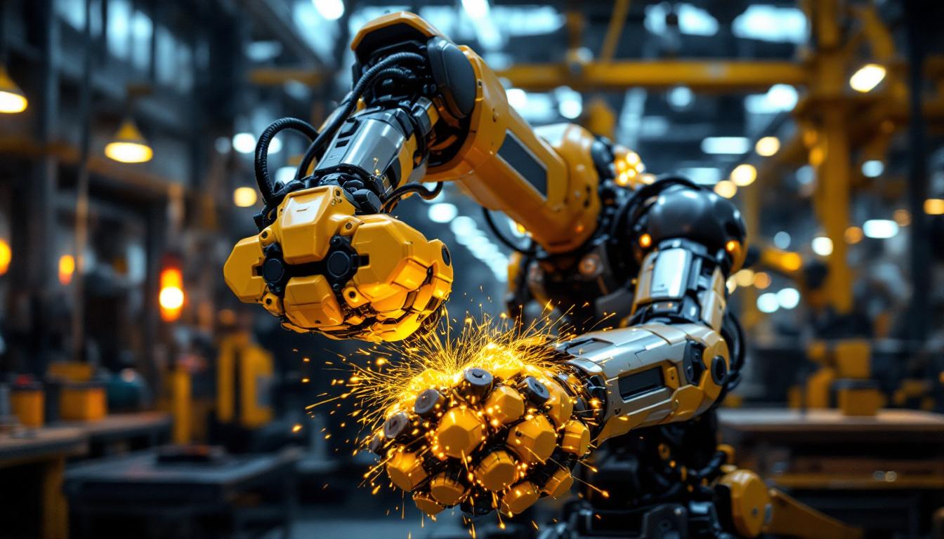 A photograph of a sleek industrial robot in action