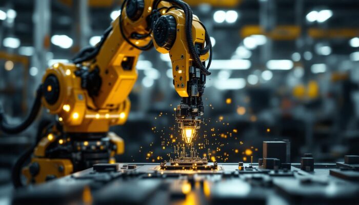 A photograph of a modern industrial robot in action on a manufacturing floor
