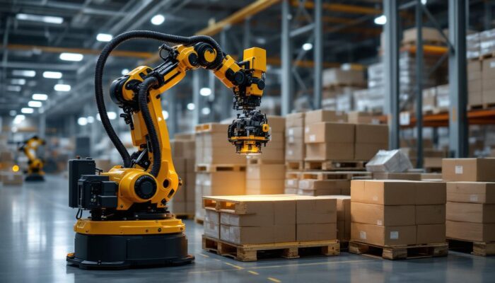 A photograph of a high-tech industrial robot in action