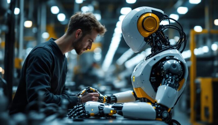 A photograph of a collaborative robot (cobot) working alongside a human in an industrial setting
