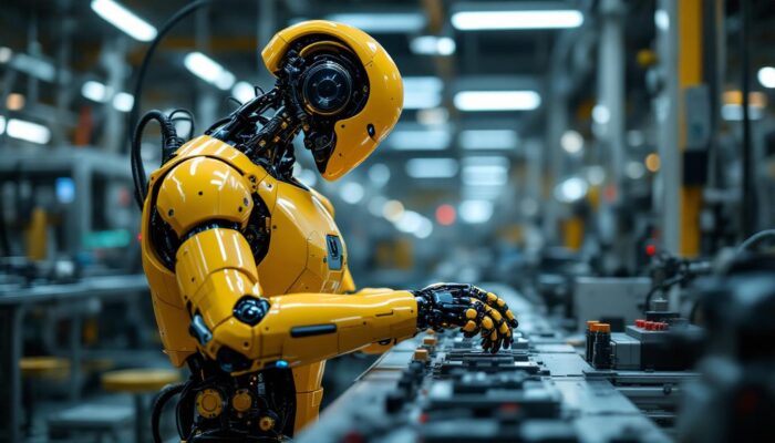 A photograph of a sleek industrial robot in action within a factory setting