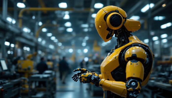 A photograph of a sleek industrial robot in action within a manufacturing environment
