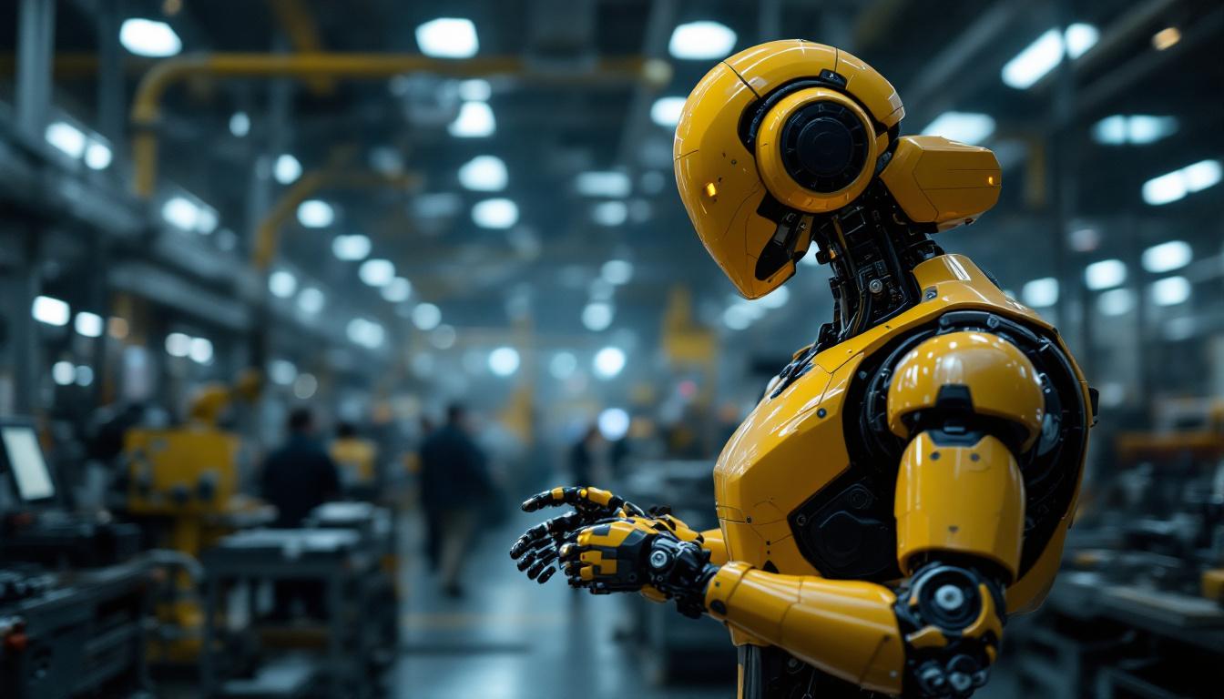 A photograph of a sleek industrial robot in action within a manufacturing environment