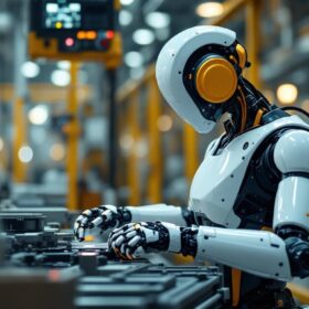A photograph of a modern industrial robot in action within a manufacturing environment