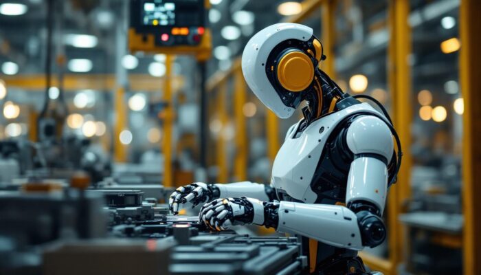 A photograph of a modern industrial robot in action within a manufacturing environment