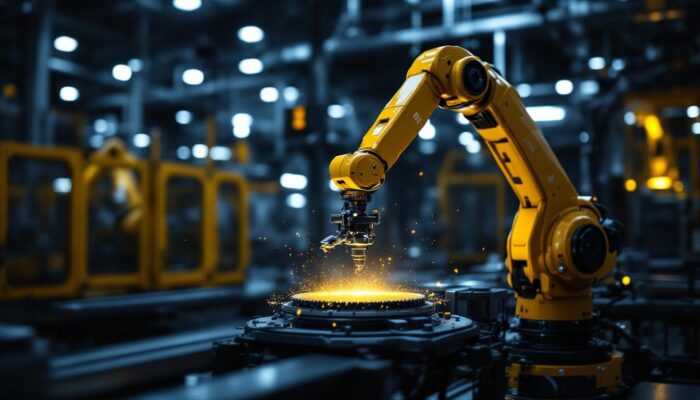 A photograph of a sleek industrial robotic arm in action
