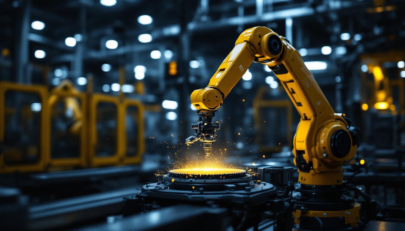A photograph of a sleek industrial robotic arm in action