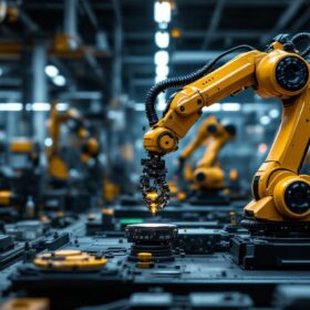A photograph of a sleek industrial robotic arm in action