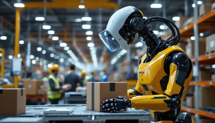 A photograph of a modern industrial robot in action within an amazon fulfillment center