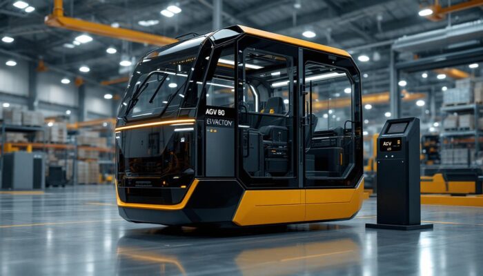 A photograph of a modern automated guided vehicle (agv) in an industrial setting