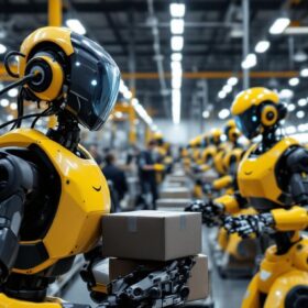 A photograph of a bustling amazon fulfillment center showcasing a variety of industrial robots in action