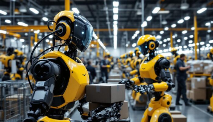 A photograph of a bustling amazon fulfillment center showcasing a variety of industrial robots in action