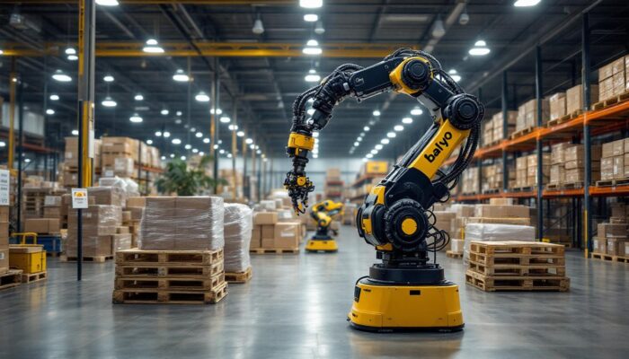 A photograph of a balyo industrial robot in action within a warehouse setting