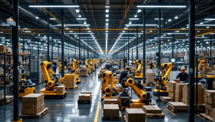 A photograph of a bustling amazon warehouse floor