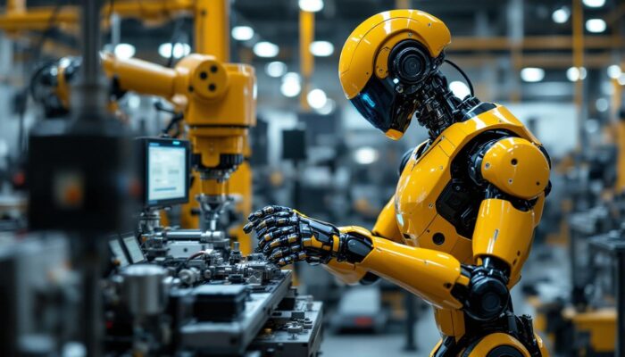 A photograph of a sleek industrial robot in action within a modern manufacturing environment