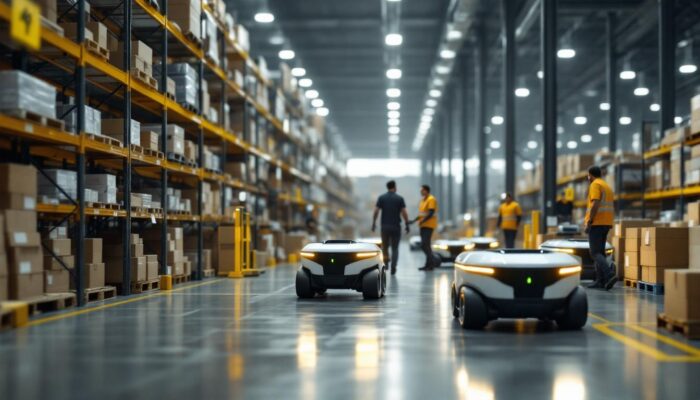 A photograph of a bustling warehouse environment featuring autonomous mobile robots navigating between shelves