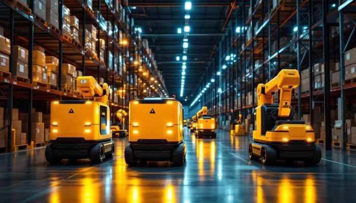A photograph of a busy warehouse environment showcasing automated guided vehicles (agvs) in action