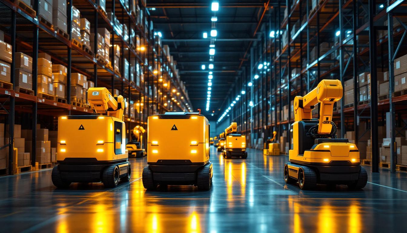 A photograph of a busy warehouse environment showcasing automated guided vehicles (agvs) in action
