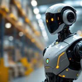A photograph of a sleek industrial robotic security guard in action