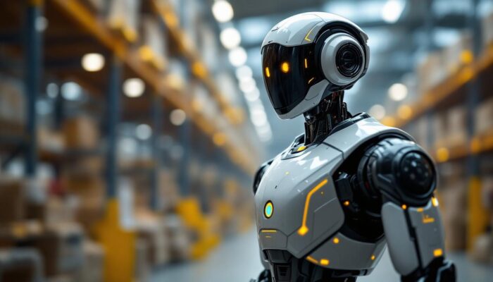 A photograph of a sleek industrial robotic security guard in action