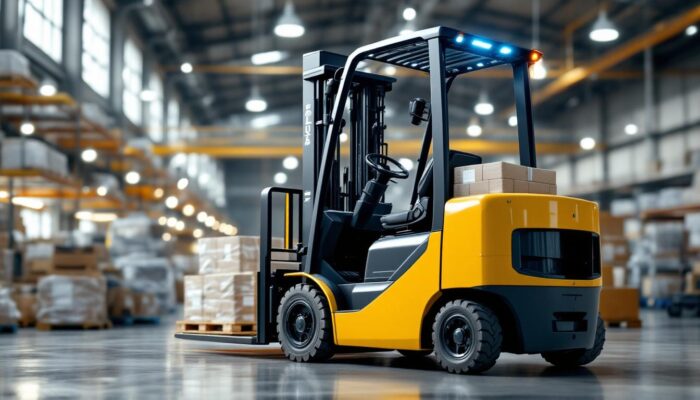 A photograph of a modern forklift in action within an industrial warehouse setting