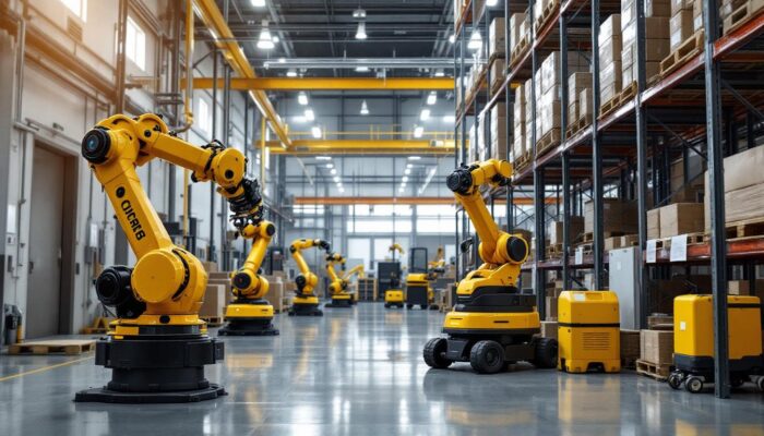A photograph of a busy warehouse environment showcasing various types of industrial robots in action