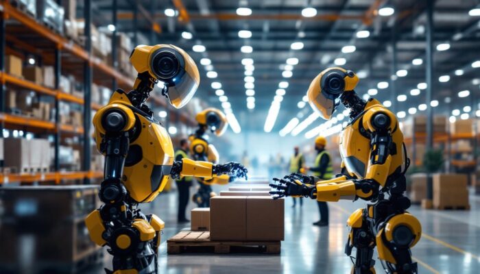 A photograph of a bustling warehouse environment showcasing automated robots in action