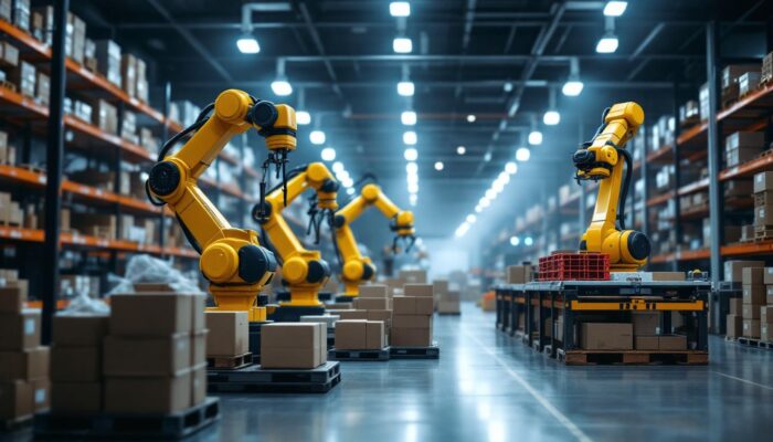 A photograph of a modern warehouse environment featuring various types of industrial robots in action