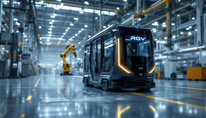 A photograph of a modern industrial setting showcasing a sleek agv (automated guided vehicle) in action