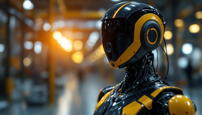 A photograph of a sleek industrial robot equipped with a high-resolution camera