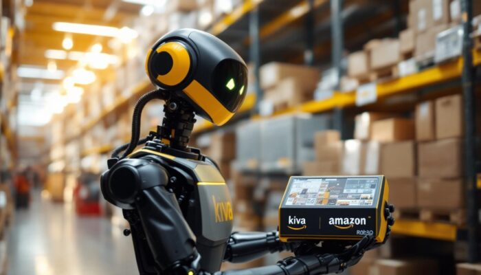 A photograph of a kiva amazon robot in action within a bustling warehouse environment