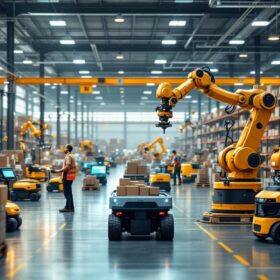 A photograph of a busy warehouse environment showcasing various industrial robots in action