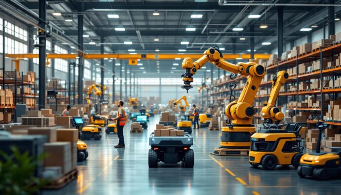 A photograph of a busy warehouse environment showcasing various industrial robots in action