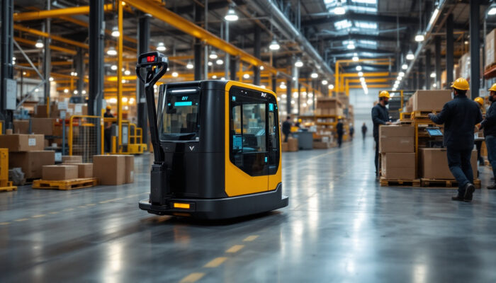 A photograph of capture a photograph of an agv pallet mover in action within a bustling industrial warehouse
