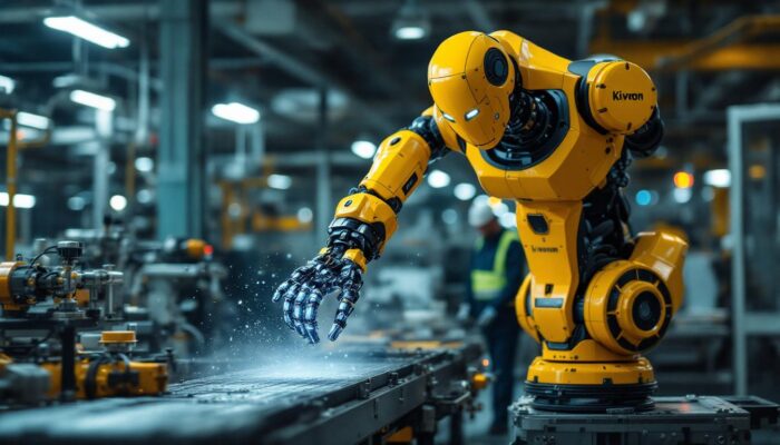 A photograph of a kivnon industrial robot in action within a manufacturing environment