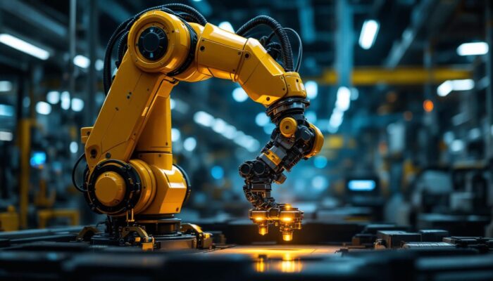 A photograph of a sleek industrial robotic arm in action