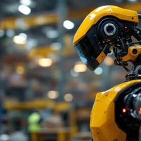 A photograph of capture a photograph of an industrial robot equipped with a lidar sensor in action within a warehouse or manufacturing setting