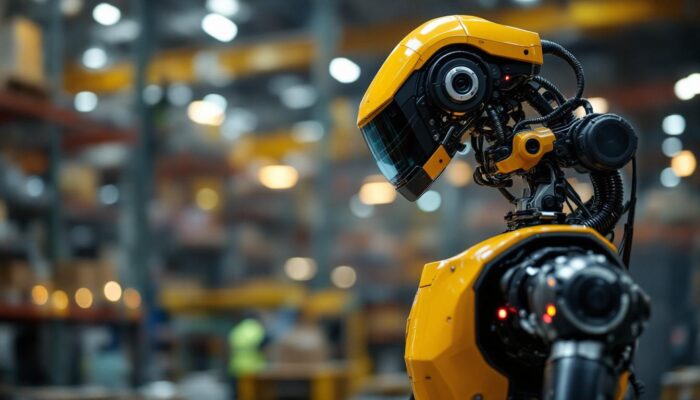 A photograph of capture a photograph of an industrial robot equipped with a lidar sensor in action within a warehouse or manufacturing setting