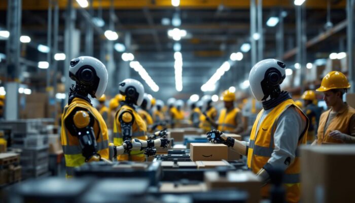 A photograph of a dynamic warehouse scene showcasing amazon robots in action among human workers