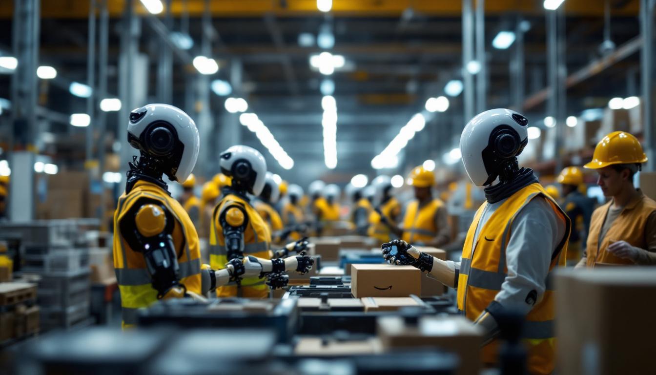 A photograph of a dynamic warehouse scene showcasing amazon robots in action among human workers