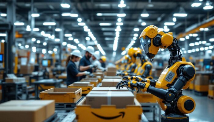 A photograph of a busy amazon fulfillment center showcasing a variety of industrial robots in action